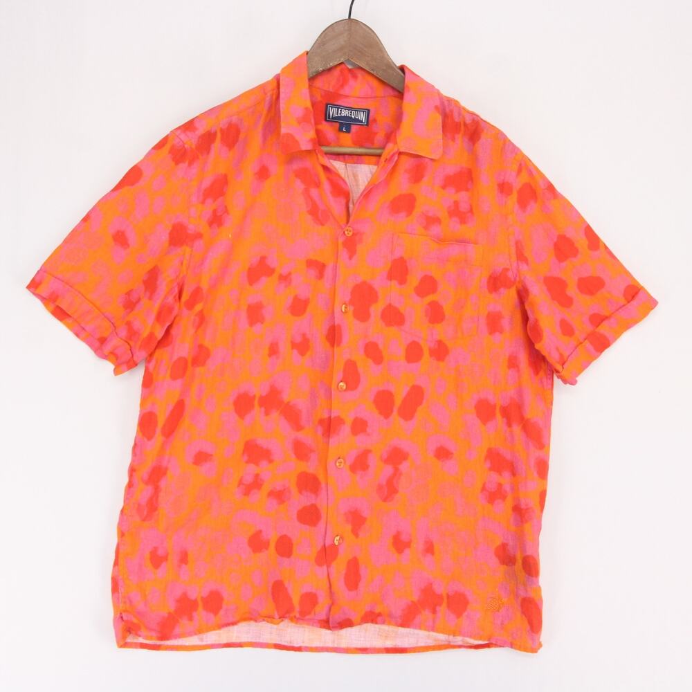 Vilebrequin Charli Shirt Mens L Orange Leopard Linen Camp Collar Button Up